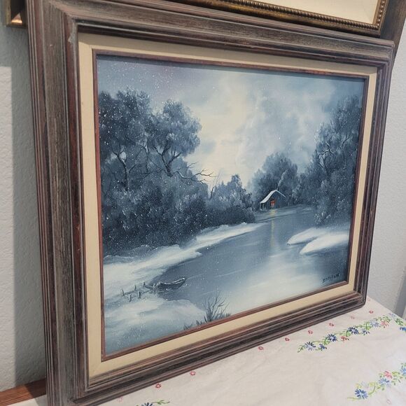 Vtg Oil Painting 25"x21" Canvas Snow Cabin stream Trees Water Sgn BD Pollard '93 - Picture 5 of 16
